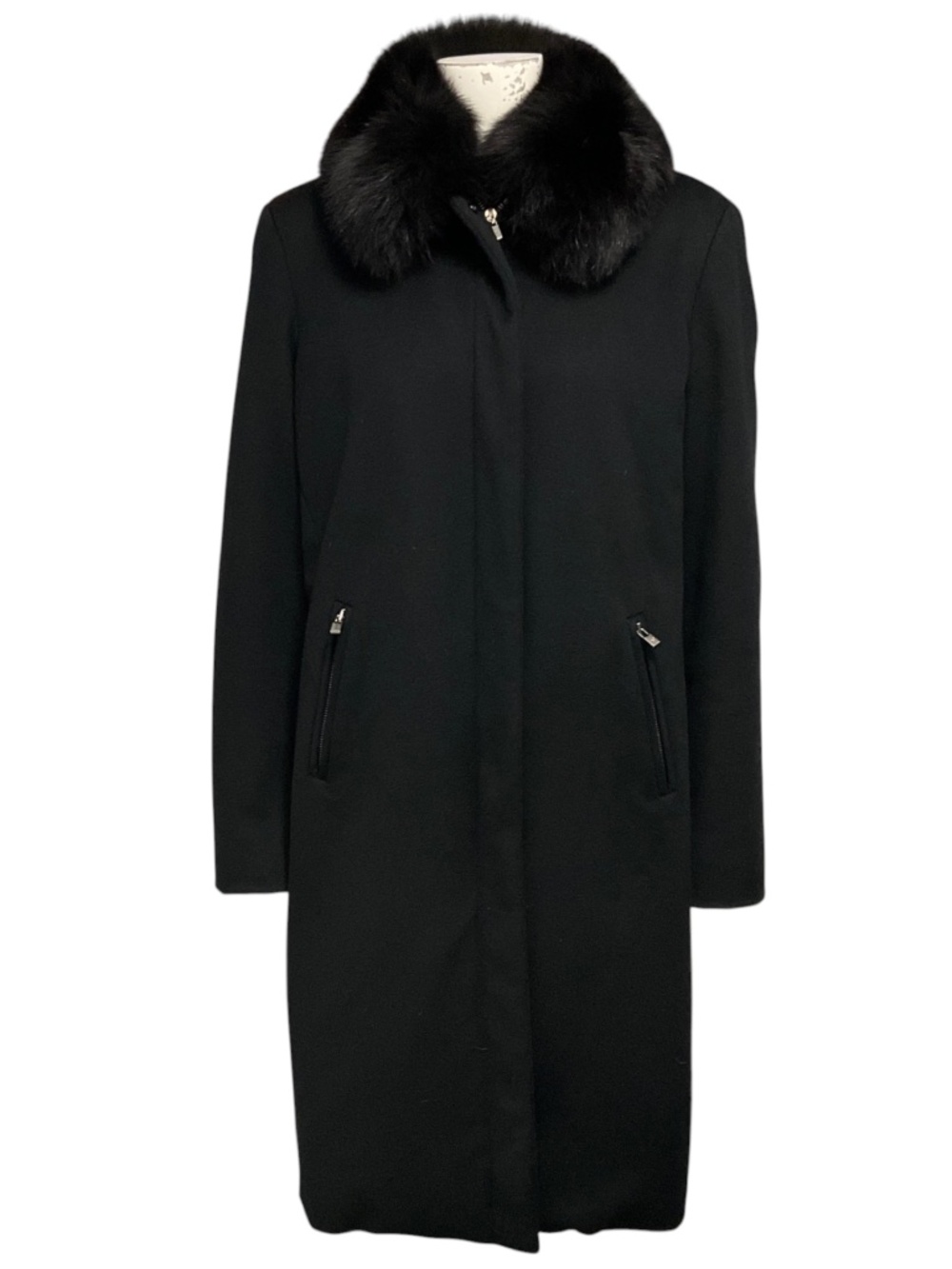 Loro Piana Black Storm System Rain & Wind Protection Cashmere Coat with Fox Fur